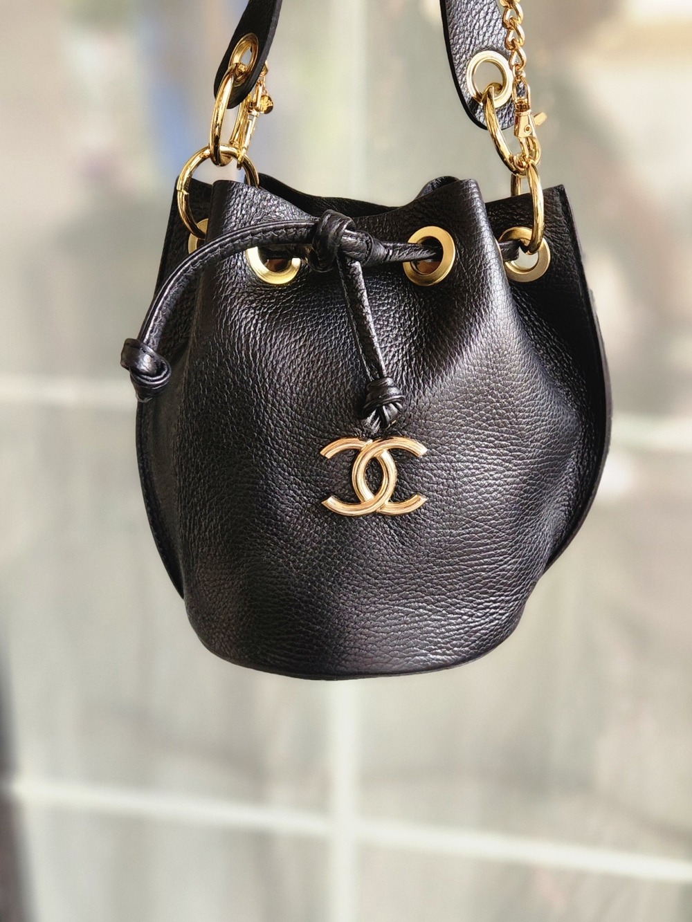 Black Leather Drawstring Bucket Bag with Chain Strap - Picture 8 of 10